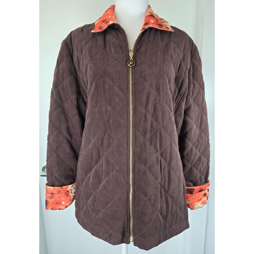 Vintage St John Reversible Zip Bomber Jacket Brown Orange Animal Print Quilted